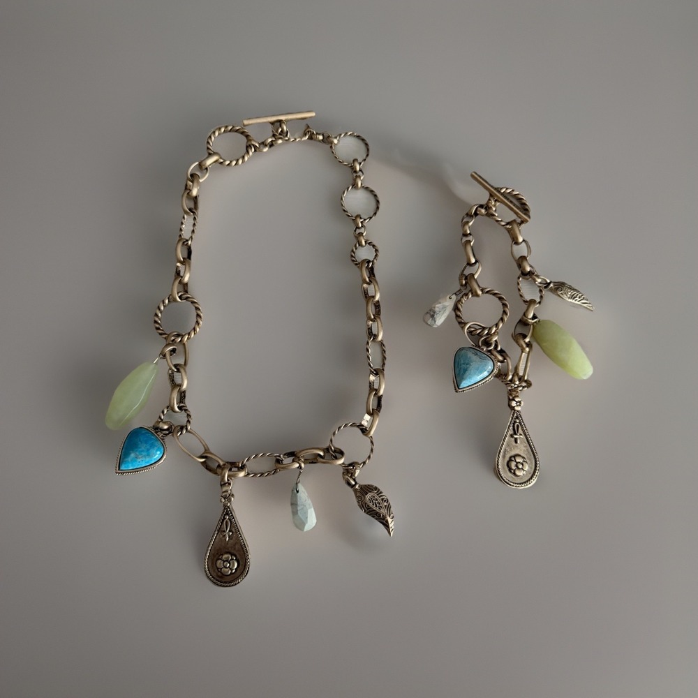 Kenneth Cole Necklace And Bracelet Set Gold Tone With Blue and Green Stones